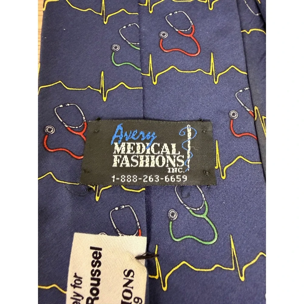 Avery Medical Fashions Silk Tie Navy Blue Stethoscope EKG Heartbeat USA Made